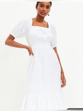 Loft White Cotton Puff Sleeve MIDI Dress Large Cottage Core summer Gauzy Style